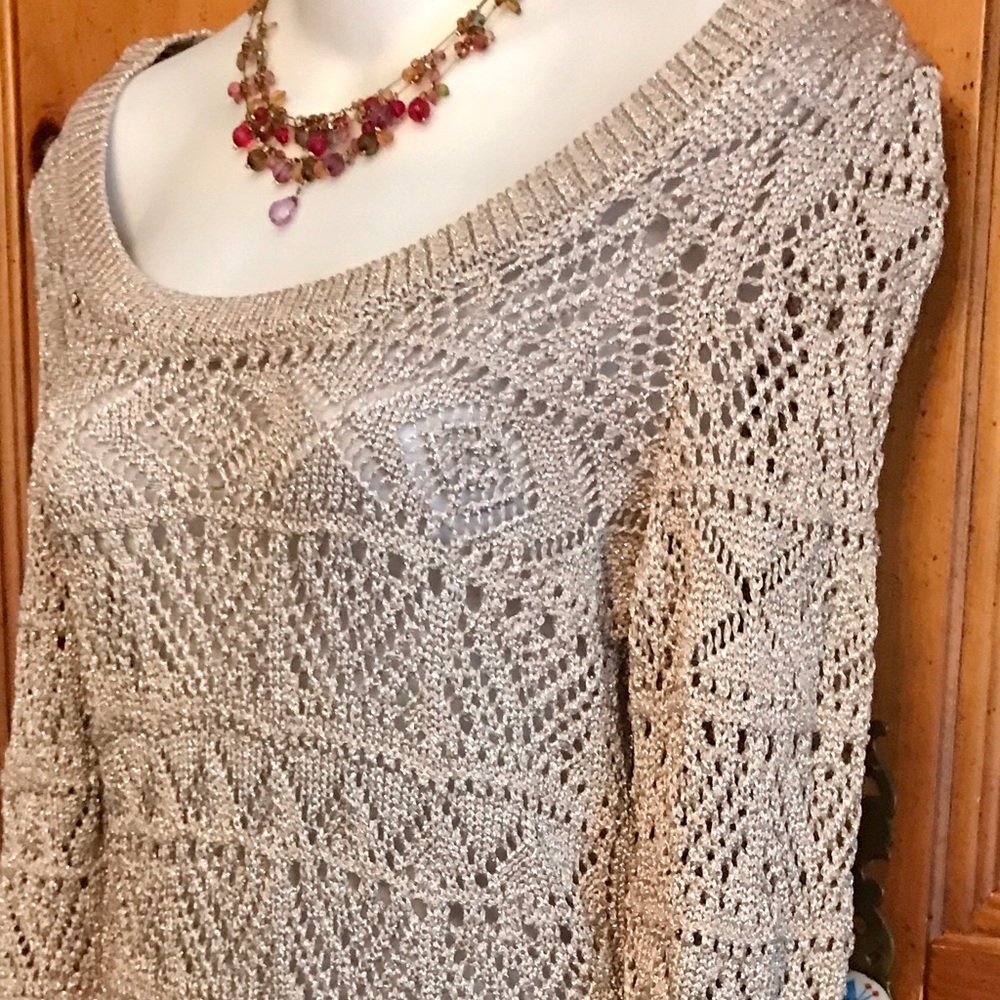🔥NEW WHBM ROSE GOLD METALLIC BATEAU NECK KNIT SWEATER TUNIC TOP 🔥